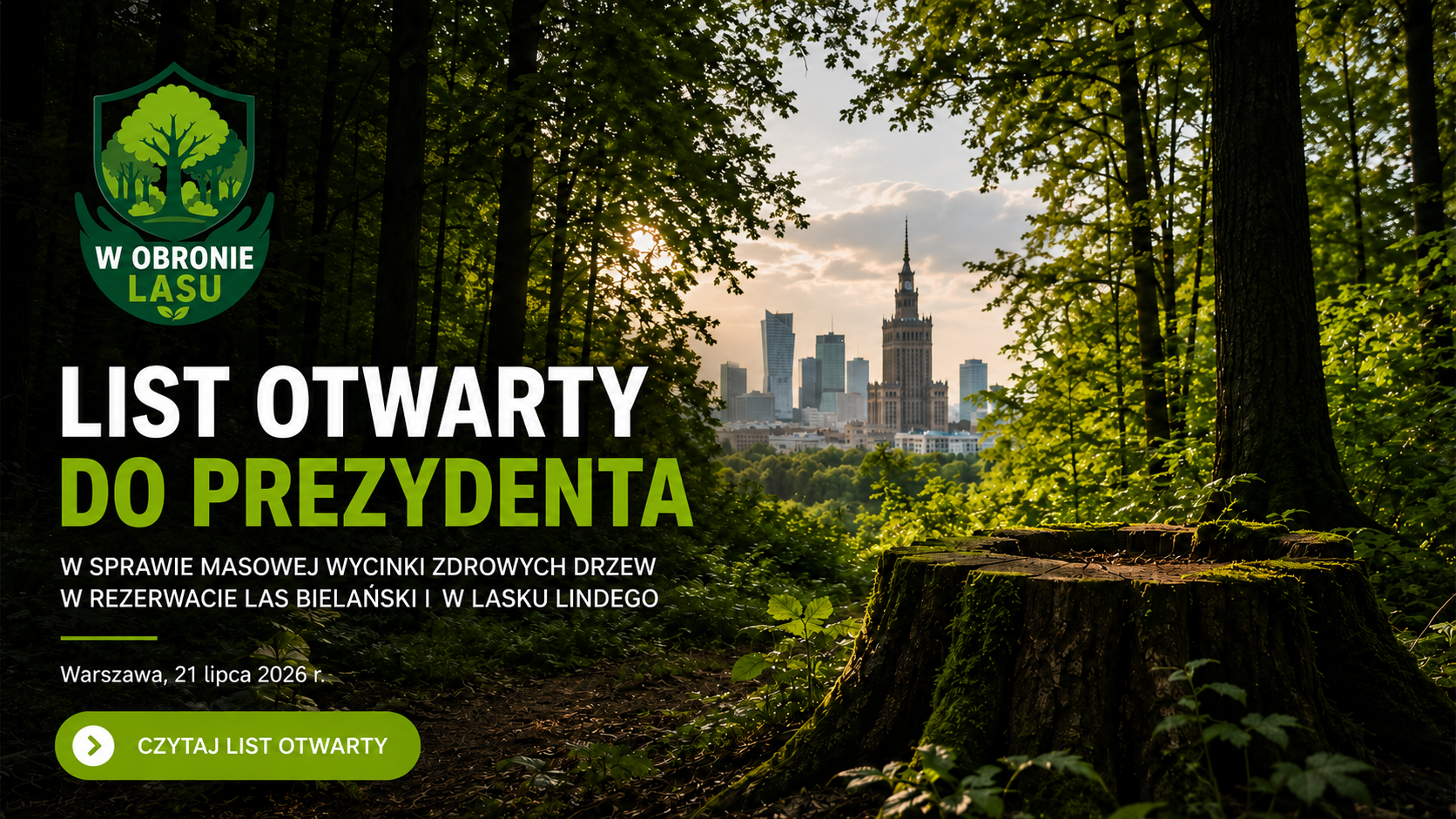 List otwarty do prezydenta Rafała Trzaskowskiego w sprawie wycinki drzew w Lesie Bielańskim i Lasku Lindego